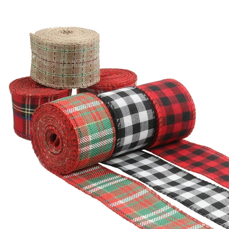 6M/Roll Wire Rim Christmas Decorative Ribbon 5cm Width Imitation Hemp Red and Green Snowflake Gift Packaging Plaid Ribbon