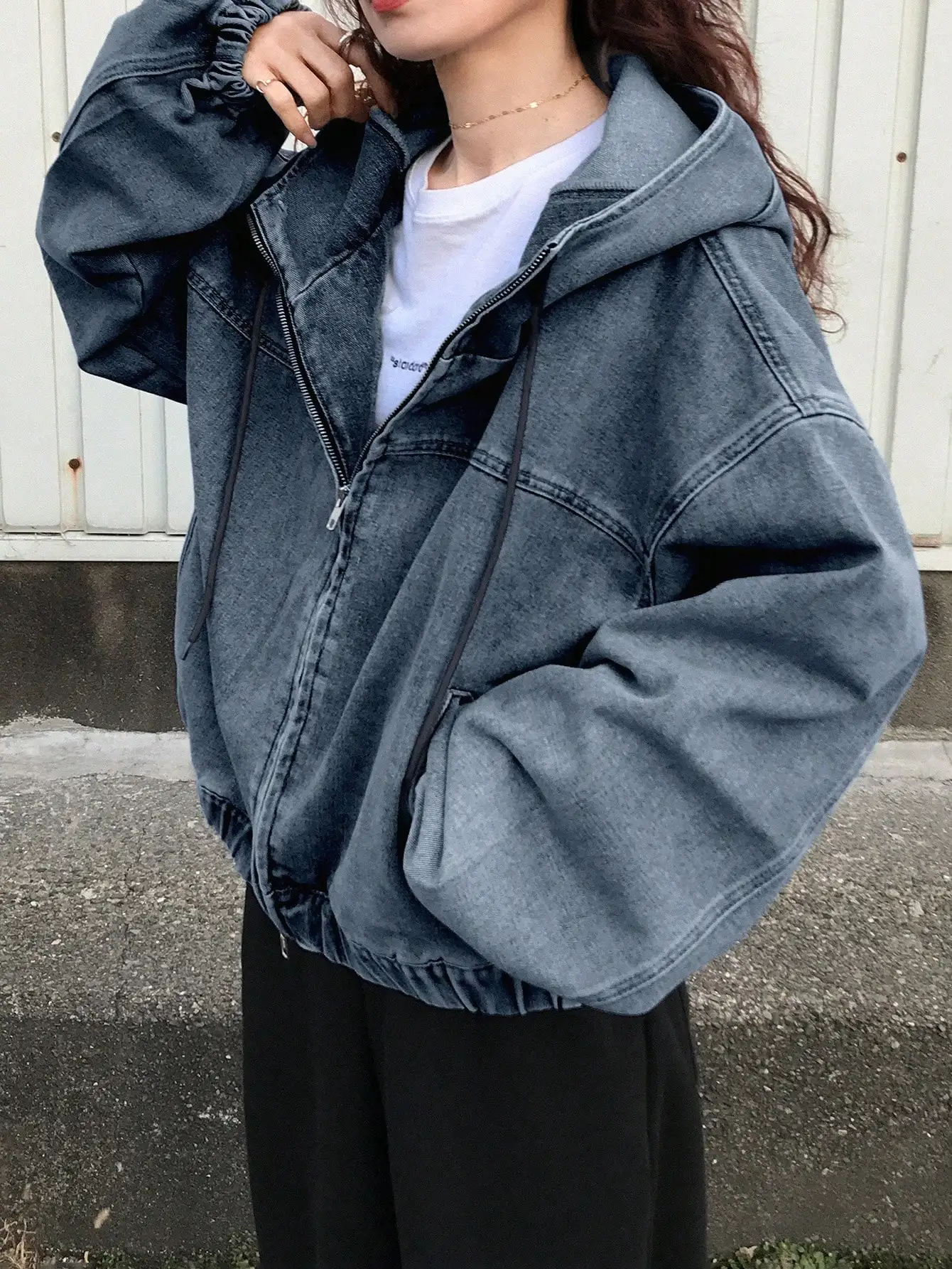FRIFUL Women Dropped Shoulder Long Sleeve Zipper Front Drawstring Hooded Denim Jacket