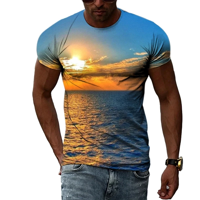 Fashionable New Natural Landscape Pattern Men's T-shirt Summer Hip-Hop Casual Round Neck Loose And Comfortable Short Sleeve