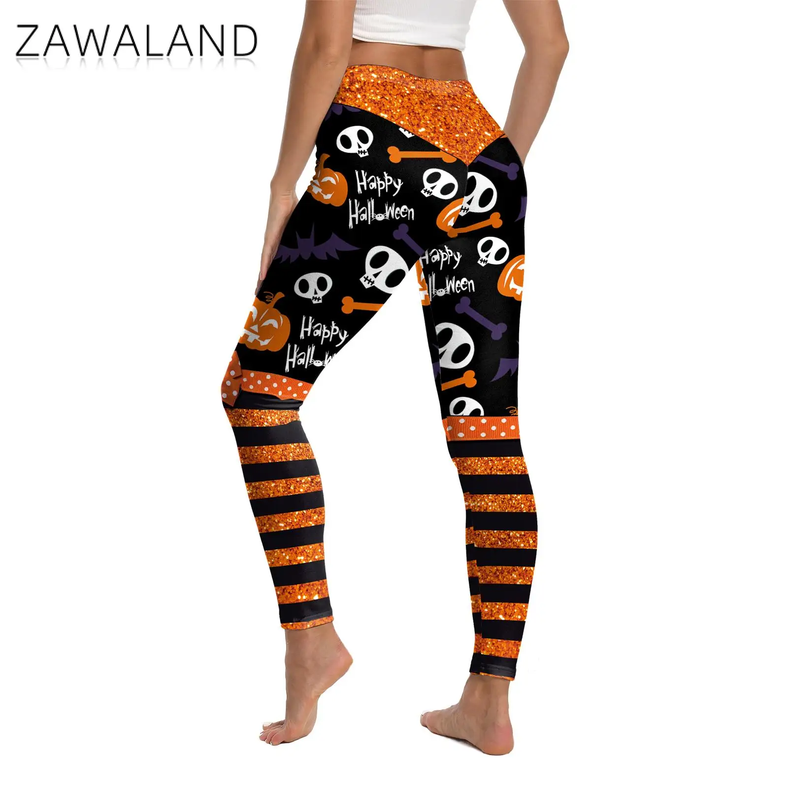 Zawaland ผู้หญิงเทศกาลฮาโลวีนกางเกงขายาว Glitter เข็มขัดกราฟิกกางเกงฟักทองรูปแบบกะโหลกศีรษะเซ็กซี่ Tights Lady Party ด้านล่าง