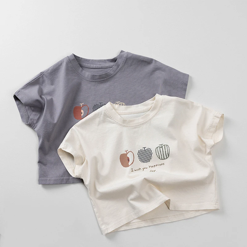 

2025 Summer New Girls Short Sleeve T Shirts Children Casual Tops Boys Vintage Apple Print T Shirt Cotton Kids Tee Baby Clothes