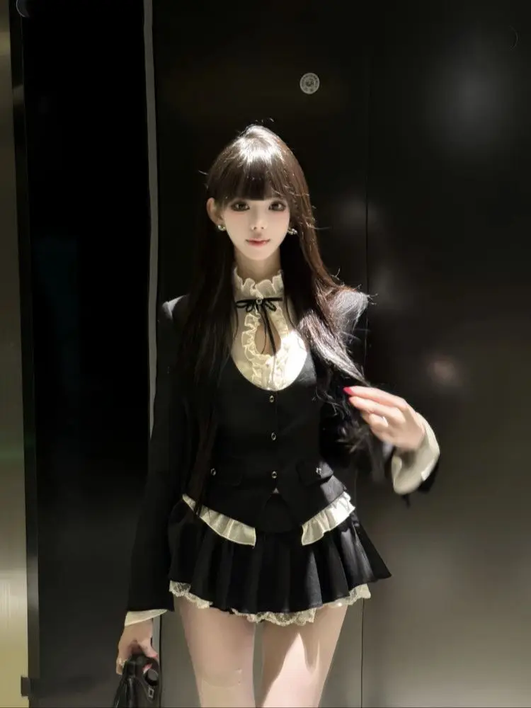 

Autumn Korean Popular French Elegant Women's Suit Fashion Design 3 Piece Sets Long-sleeved Coat + Puffy Mini Skirt Woman Clothes