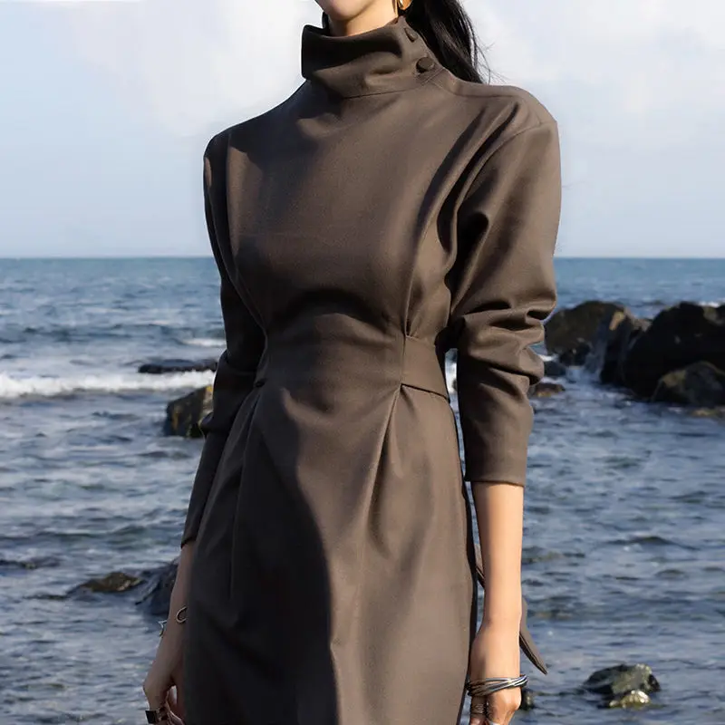 

Autumn Women's New Style Fashionable and Elegant Half High Collar Solid Color Dress Winter Loose and Comfortable Long Dress