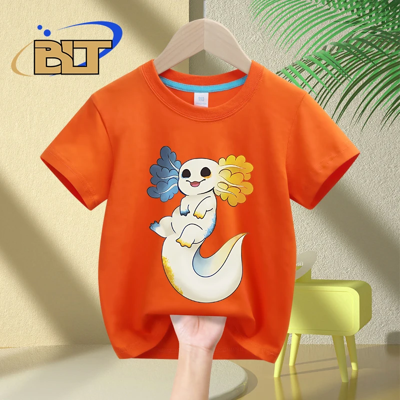 Camiseta infantil de manga curta, vermelha, Axoll, desenho animado estampado, fofo, tops casuais para crianças, meninos e meninas, verão