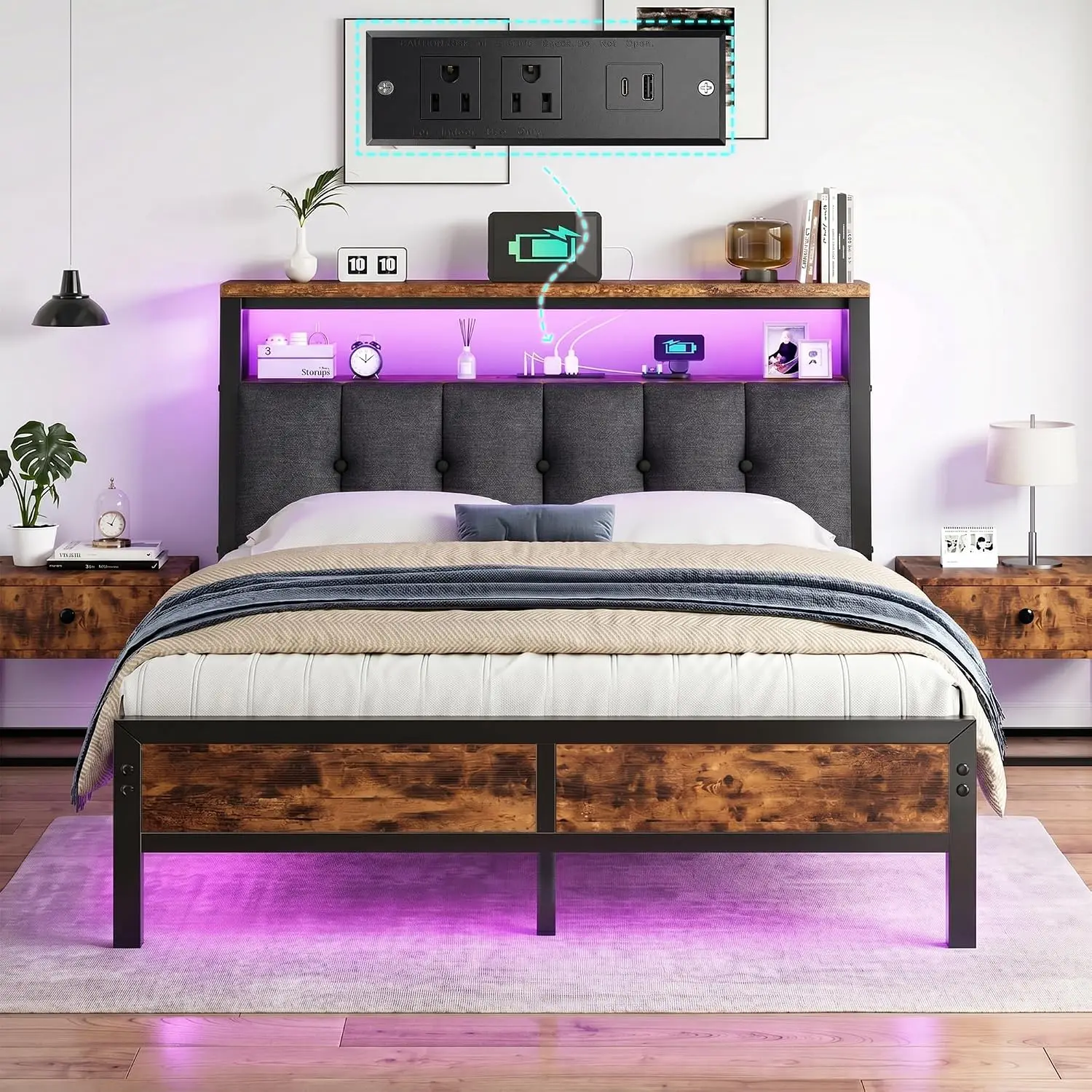 Full Size Bed Frame with Charging Station,LED Linghts Have Upholstered Storage Headboard, Customized