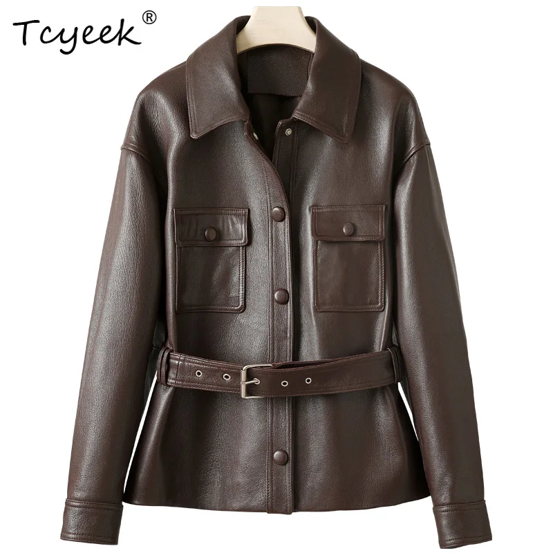 Tcyeek طبقة علوية من جلد الغنم لربيع وخريف جديد برقبة مربعة قاطرة سترة نسائية من الجلد الطبيعي Жensarska Kostangnya Kursatka