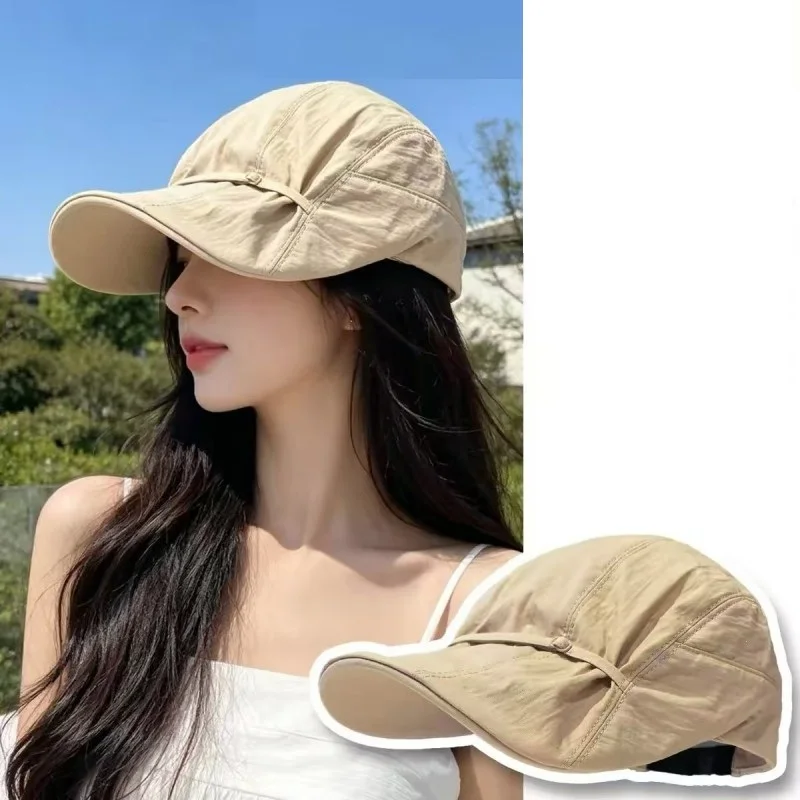 Japanese  Pleated Tie-Fastening Quick-Dry Forward Cap for Women with Large Head Circumference Worn Backwards Duckbill Beret Hat