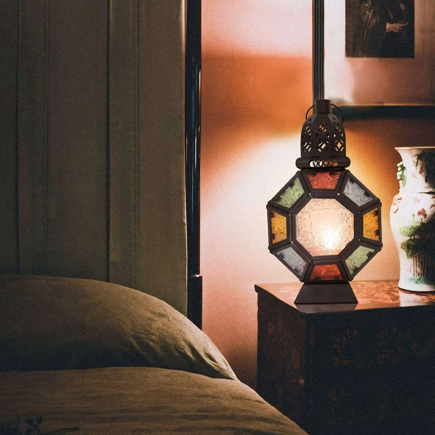 M-linterna de vela de hierro Retro moderna, portavelas de vitral marroquí portátil, lámpara colgante, linterna de viento con luz de caballo, decoración del hogar
