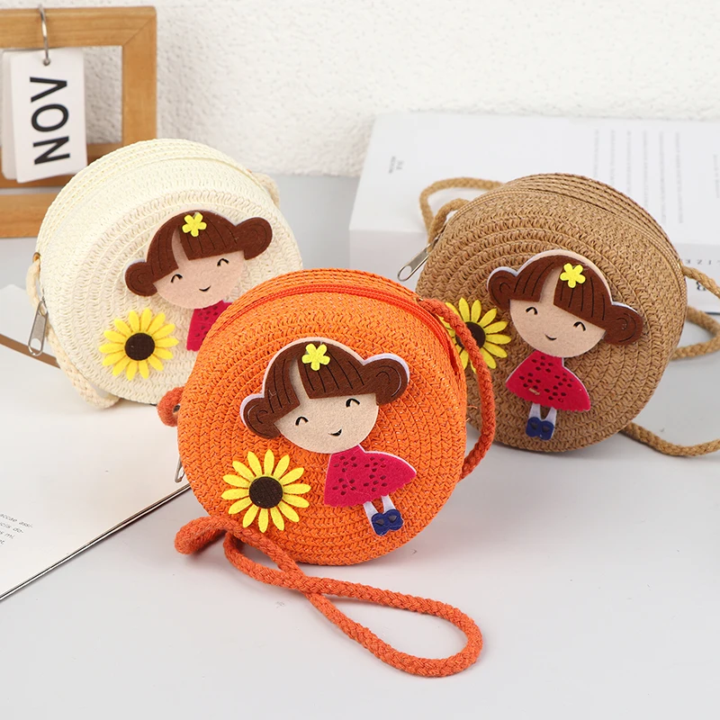 Children Flower Girl Straw Bag Summer Kids Coin Purse Crossbody Bag Handmade Woven Messenger Bag Straw Handbag Shoulder Bag