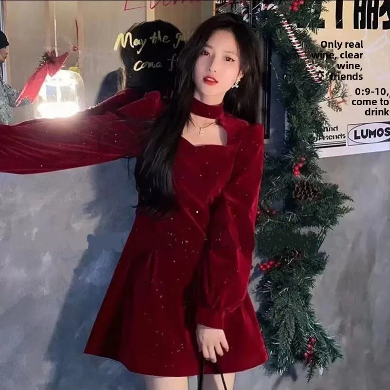Elegant Velvet A-Line Dress Women's Flashing Sequin Slimming Waist High Waist Long Sleeve Fairy Skirt City Walk Autumn Winter