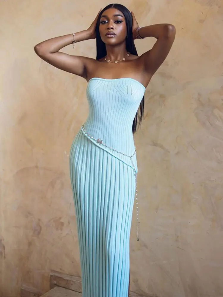 

GACVGA Elegant Knitted Strapless Maxi Dress for Women Off-shoulder Sexy Bodycon High Slit Club Party Long Dresses