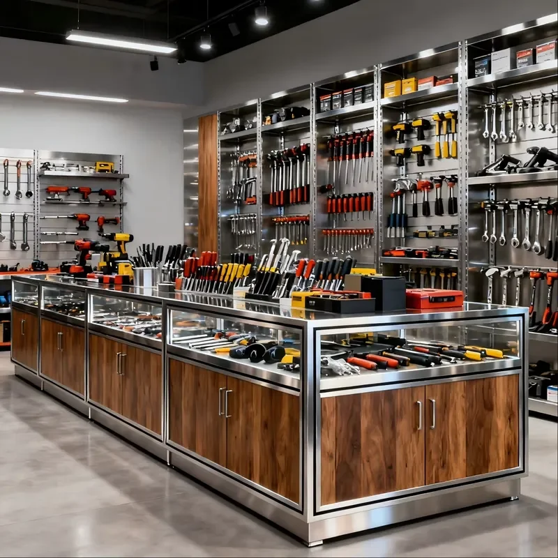 Custom Hardware Store Tool Display Cabinet System Fixture Set With Glass Showcase Wall Pegboard Rack OEM ODM Retail Fixtures