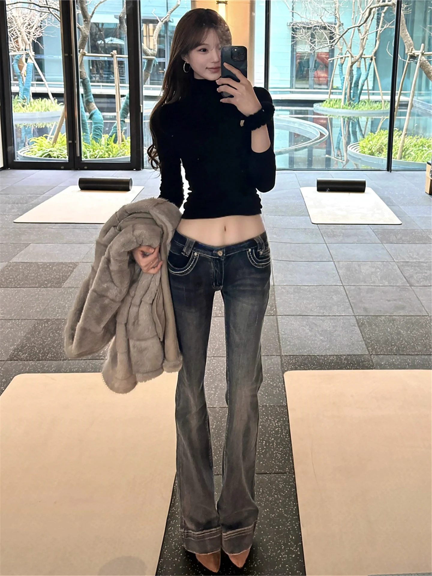 

American Retro Low Waist Flared Jeans Women's Spring Slimming Long Floor-Length Pants Casual Style Cotton Stretch Denim
