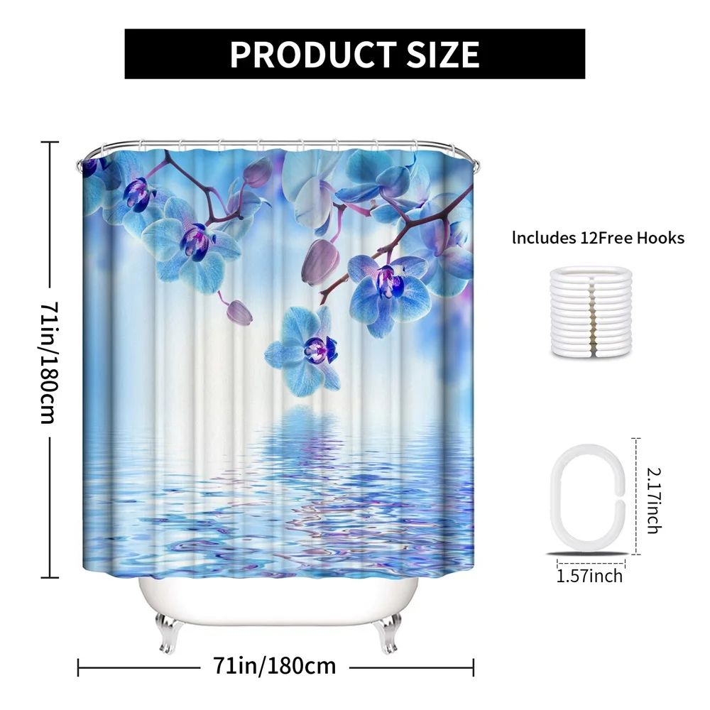 1PC, water blue flower, modern home bathroom waterproof shower curtain, 12 plastic hooks, 71in*71in