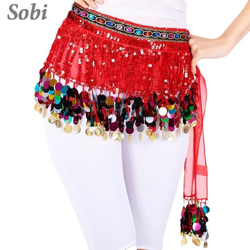 Sequins Tribal Belly Dance Hip Scarf Adult Women Glitter Tassel Hip Waist Skirt Oriental Dance Fringe Hip Belt with Rhinestones