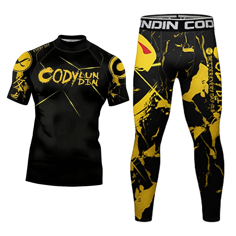 الذهب الأصفر Rashguard MMA تي شيرت + السراويل MMA السراويل 4 قطعة/المجموعة البرازيلي تصارع جيو جيتسو Bjj الملاكمة الفانيلة ضغط مجموعات