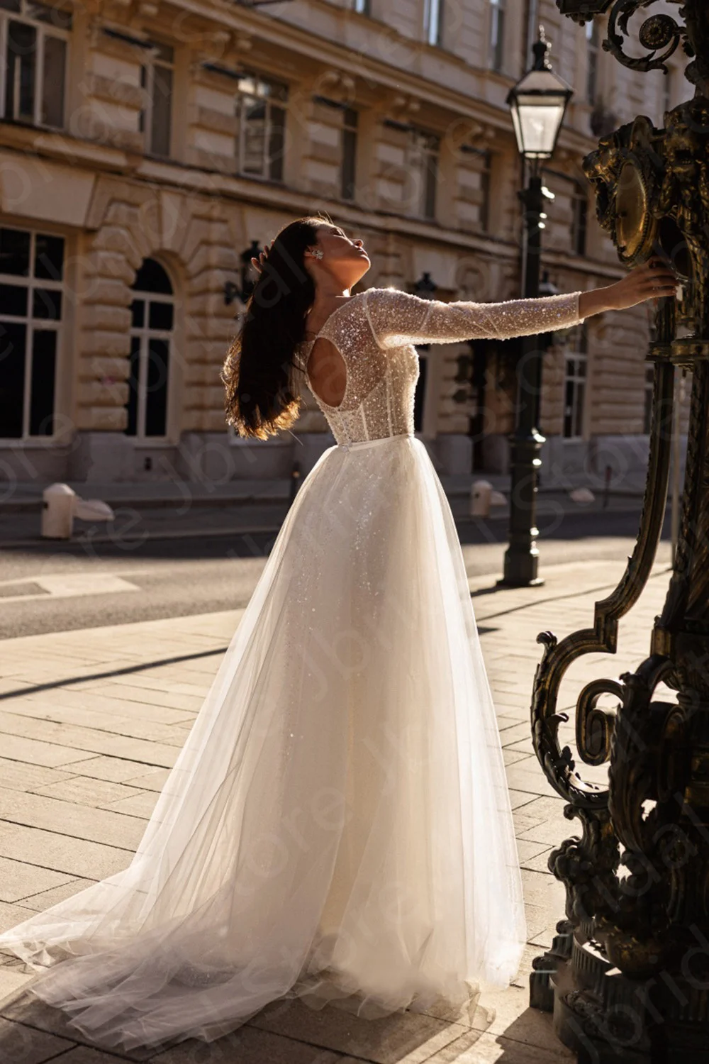 Vestidos de casamento sexy espumantes, mangas compridas, vestido de noiva lantejoulas, pescoço do barco, veja através dos vestidos, saia removível, novo, 2023