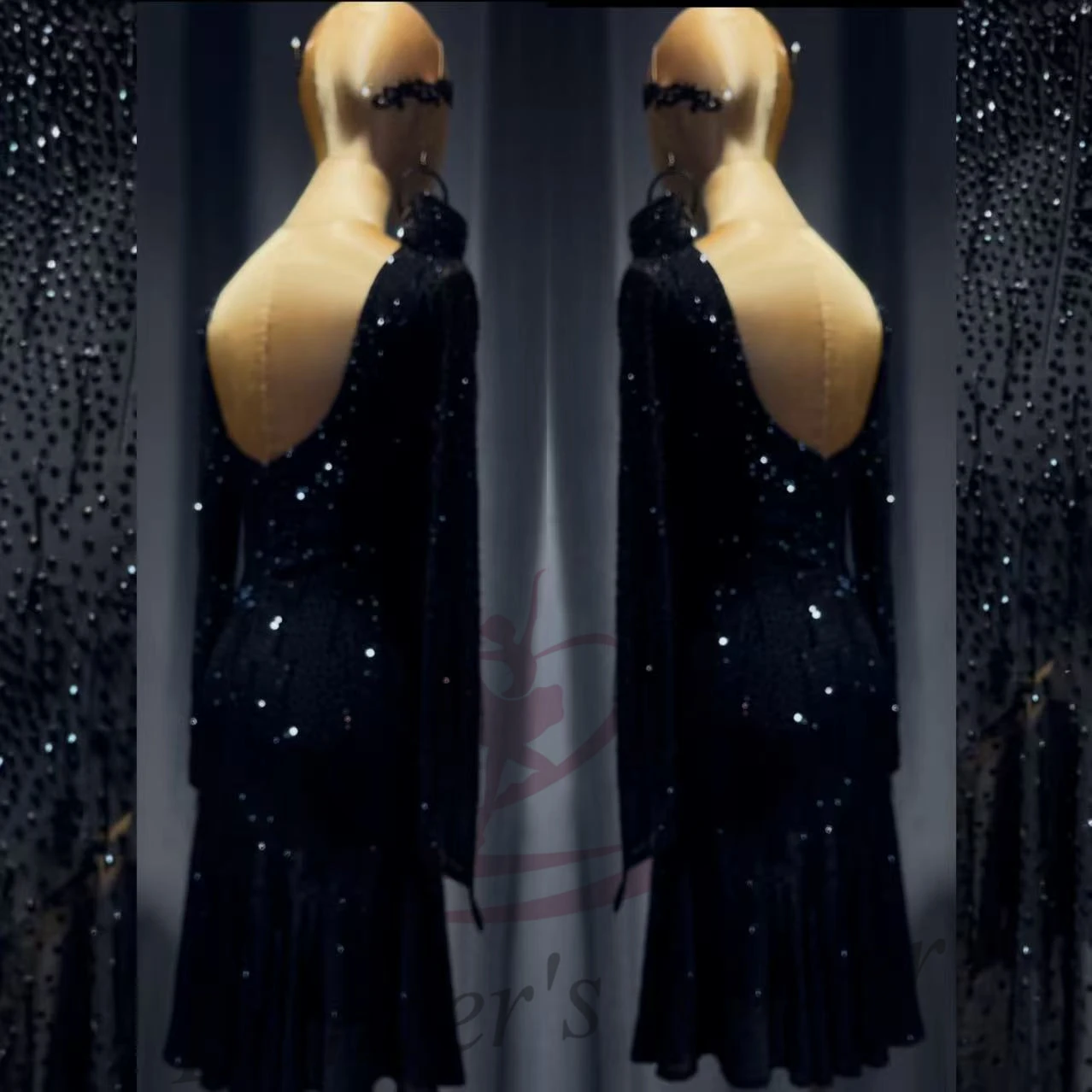 الرقص اللاتيني AB Stone أنثى الكبار الأطفال الراقية مخصصة منتصف الليل السماء المرصعة بالنجوم سبليت تنورة سوداء بركة السامبا الأداء فستان #2