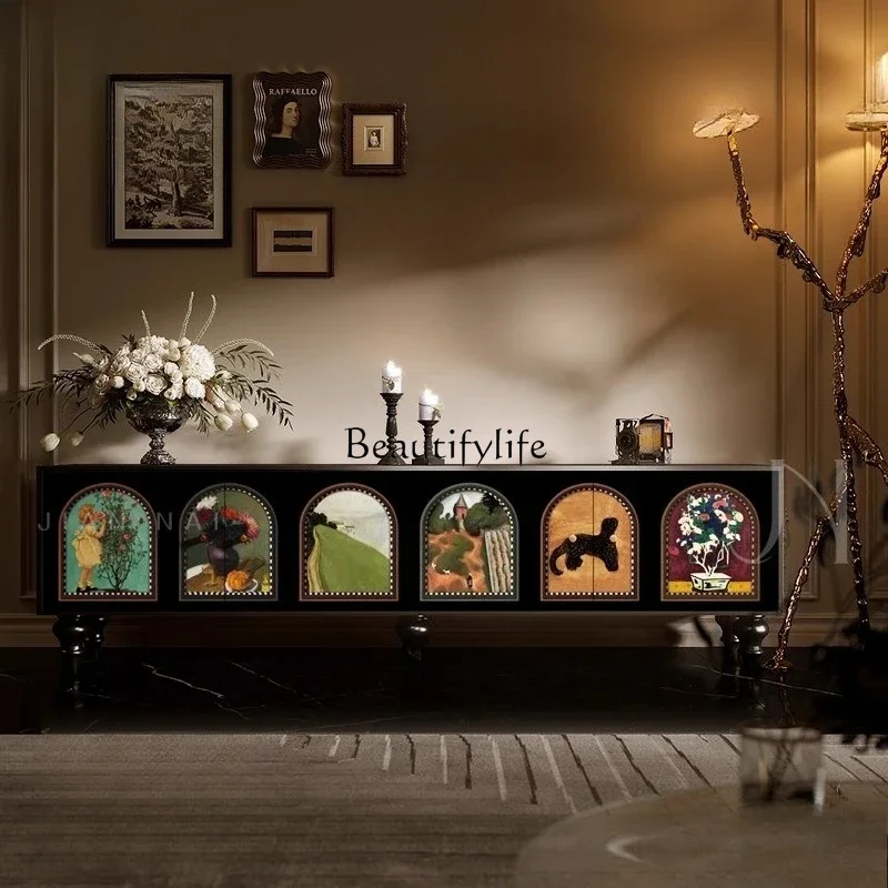 

0 French Retro Solid Wood TV Cabinet Living Room Wall-Mounted Floor Storage Cabinet