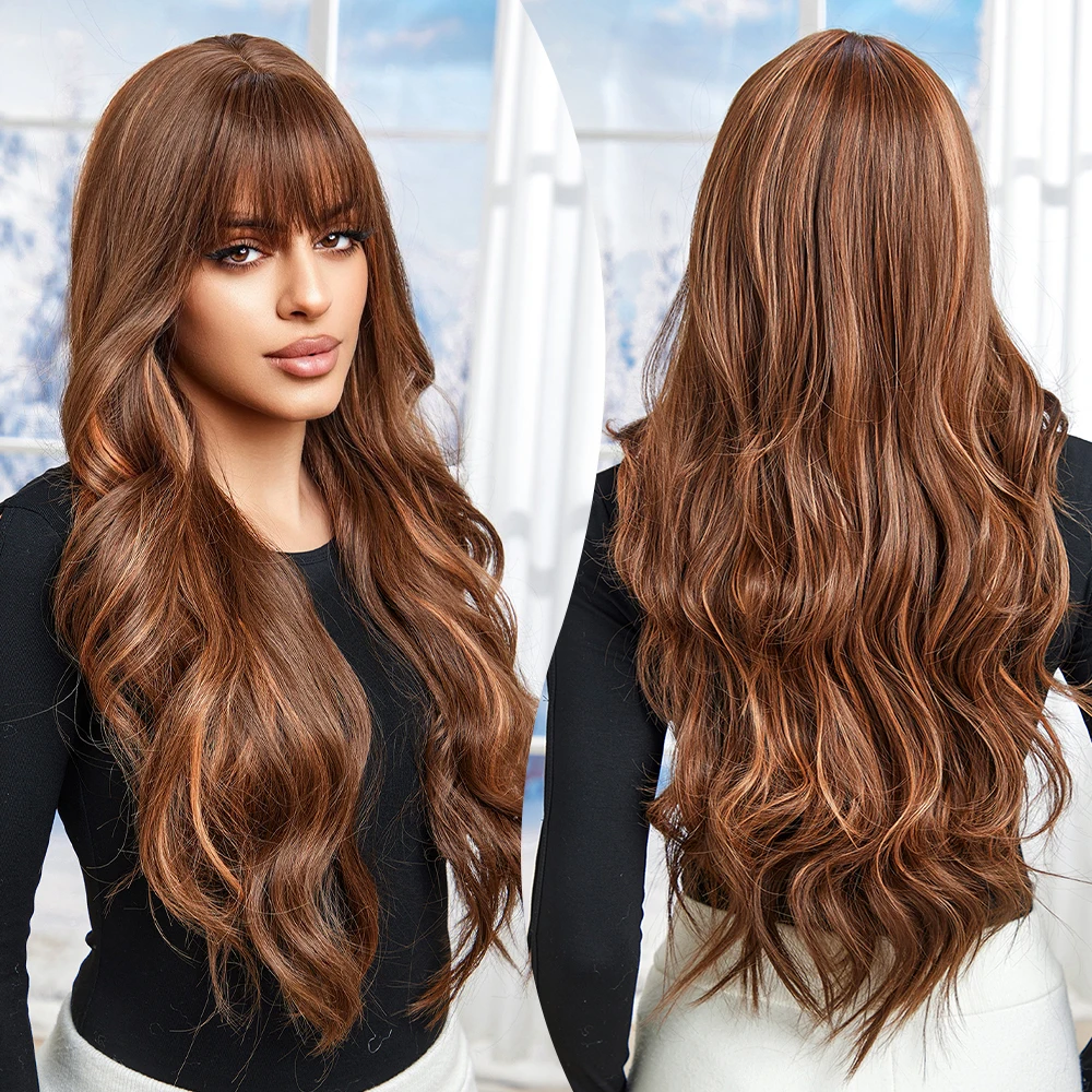 

Long Wavy Mixed Brown Highlight Synthetic Wig with Bangs Natural Wave Hair Wigs for Black Women Heat Resistant Cosplay Daily Wig