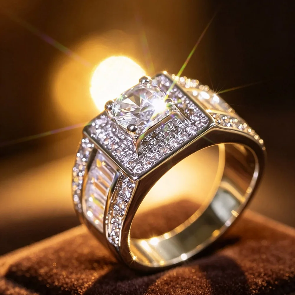 1 Pc Ladies Wide Fashion Ring, Synthetic Zirconia Ring, Bridal Ring Square Frame Design Dense Small Paving Decoration, Shiny, Suitable for Ladies Banquet and Daily Wear.