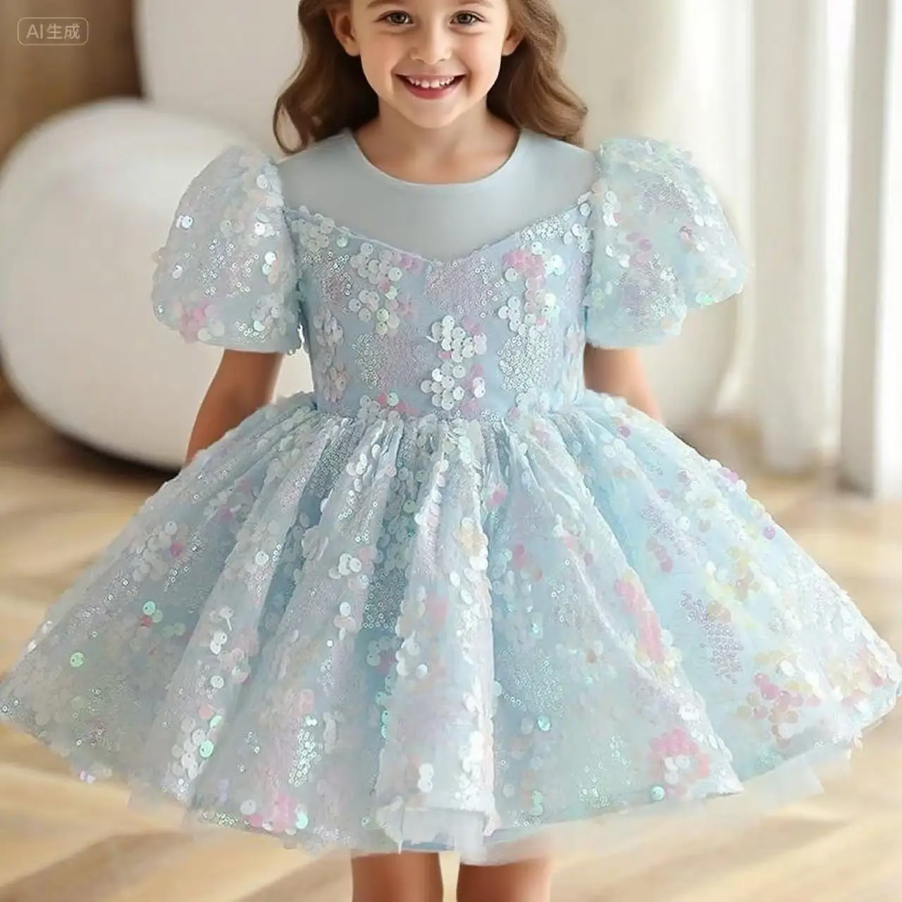 

Girls' First Birthday Sequin Evening Dress2025New Children's Fashion Show Baby Flower Girl Host Princess Dress