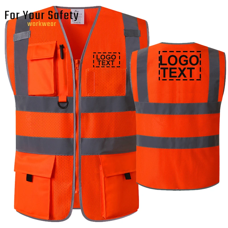 Custom Your Logo Mesh Vest Men Zipper Front Construction Road Worker Vest with Logo Printing Construction Vest Workwear Clothing