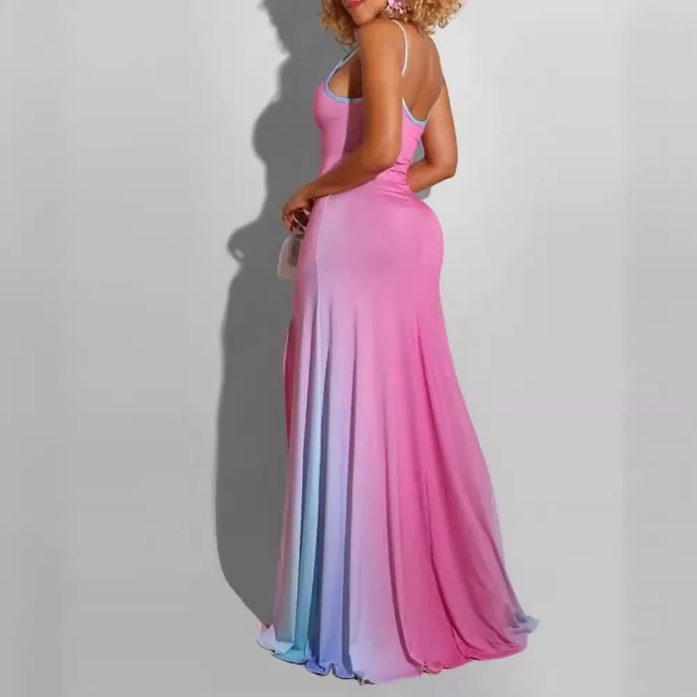 Women's Pink Gradient Sleeveless Split Long Dress High Waist Long Dress Summer Sexy Floor Length O Neck