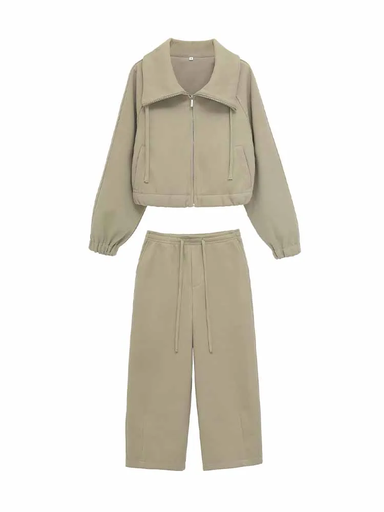 

HH Woman Spring Pant Suit Fashion Vintage Long Sleeves Lapel Zipper Sweatshirt+High Street Casual Soft Solid Drawstring Trousers