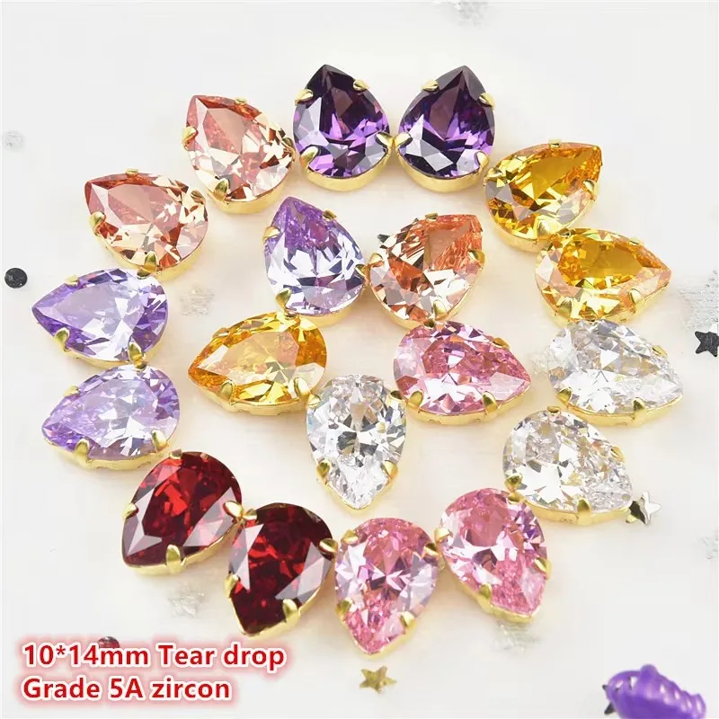 New Arrive Zircon 10*14Mm TearDrop Crystal Super Flash 5A Diamond Gold Base Sew On Claw Rhinestones Diy Apparel Accessories