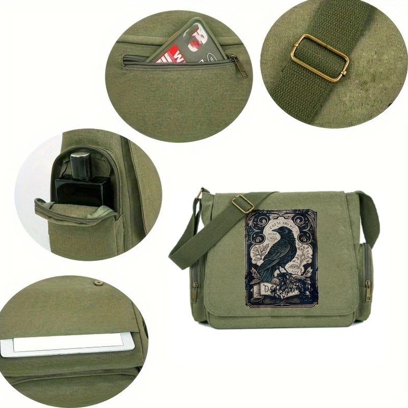 Vintage Raven Print Women's Shoulder Bag Men's Crossbody Messenger Bag Large Capacity Canvas Laptop Bag view 4