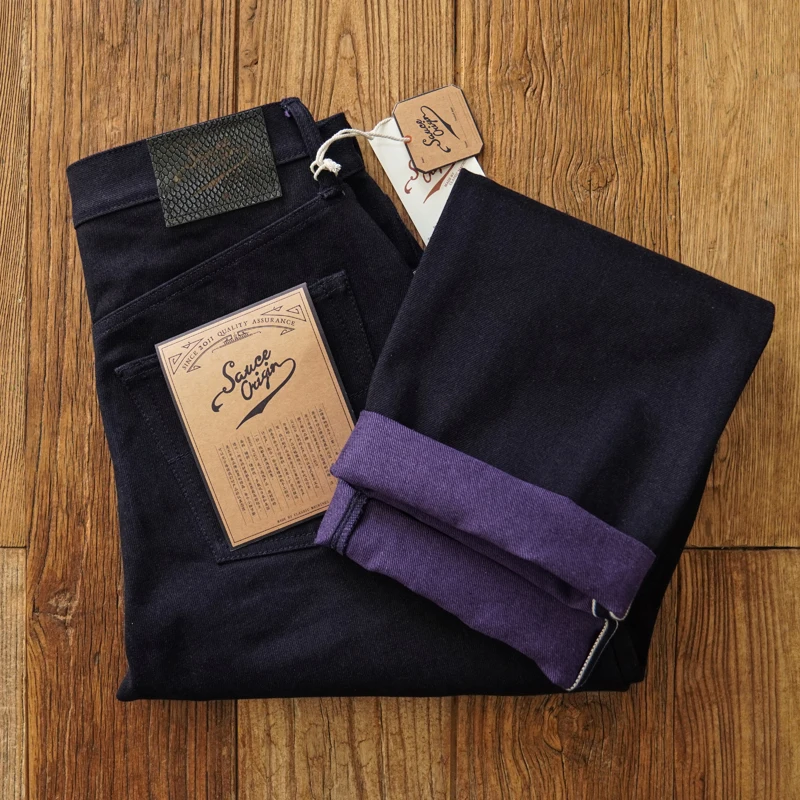 SAUCE ORIGIN Mens Jeans Selvedge Denim Jeans for Man Silver Button Limited Regular Fit Straight Leg Purple Double Dyeing 18OZ