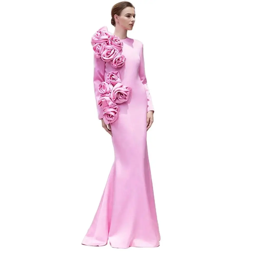 Classic Pink Evening Dresses 2024 Mermaid Arabic Prom Party Gowns Long Sleeves Flowers Wedding Guest Dresses Floor Length