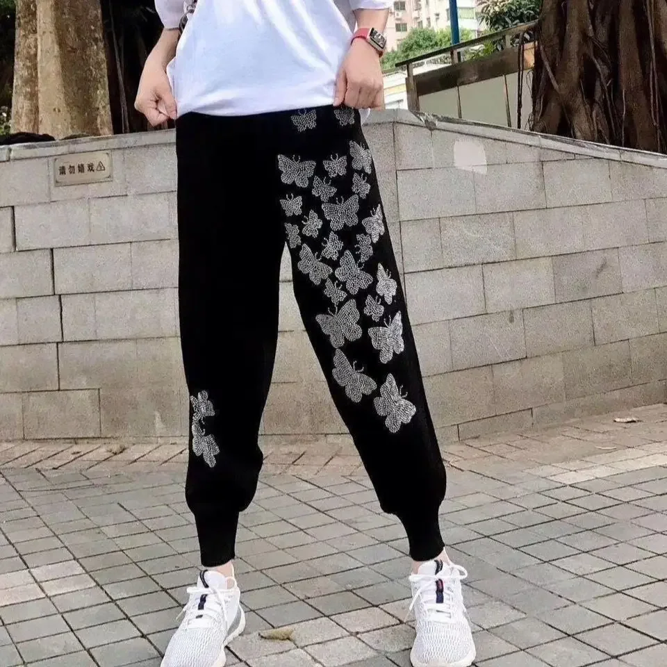 Pantalones de cintura alta para mujer, pantalón holgado con patrón de mariposa, diamantes de imitación, Harem negro, primavera y otoño, novedad de 2021