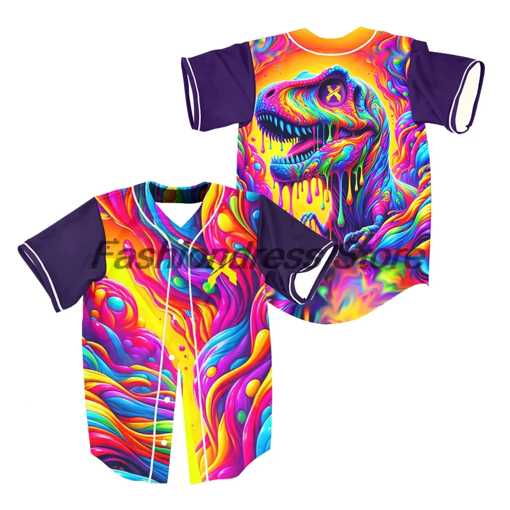 

Excision Trippy Colorful Dinosaur Rave Baseball Jersey V-Neck Short Sleeve Button-Down Shirts Women Men Streetwear Tops