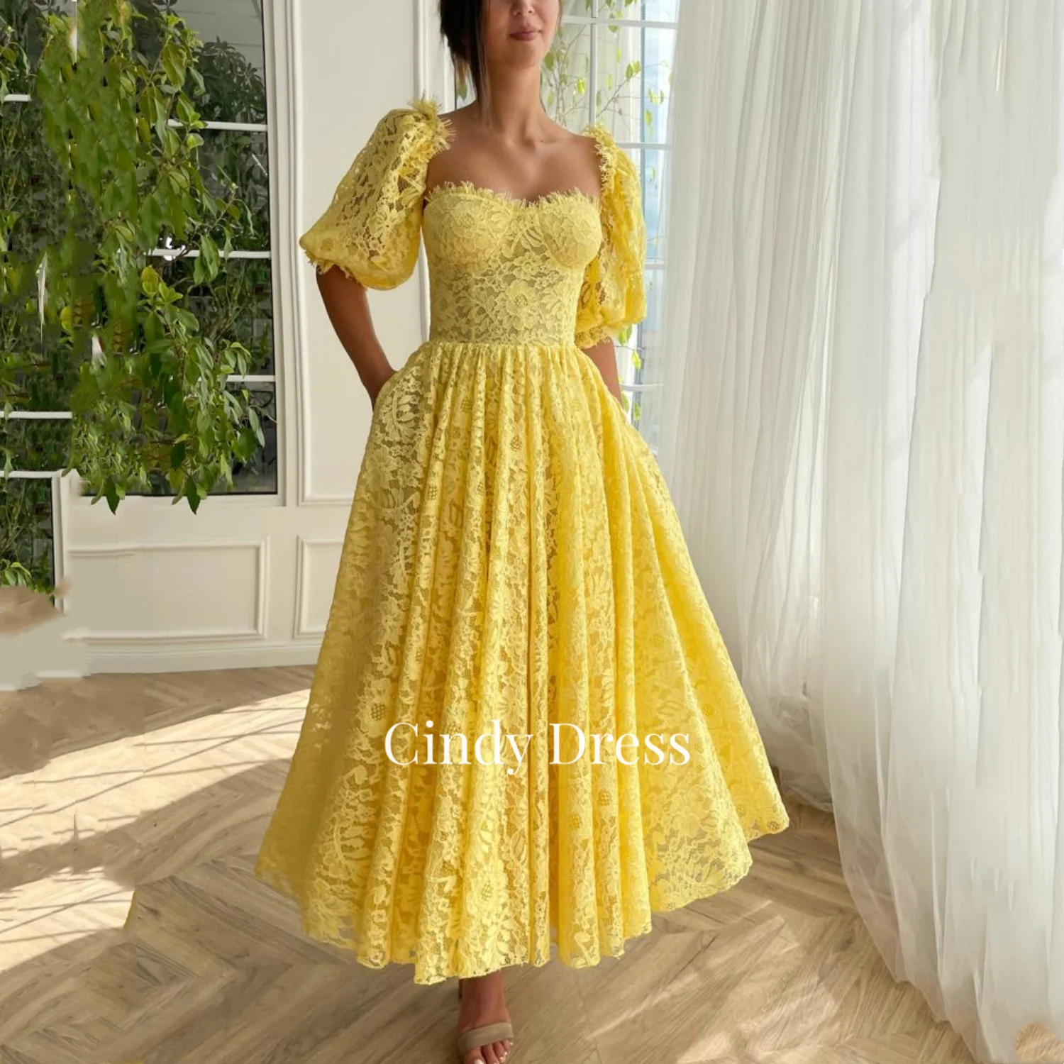 

Cindy Yellow Lace Half Sleeve A-line Women's Luxury Party Dress Elegant Dresses 2023 Wedding Guest Gala Evening Gown Woman Saudi