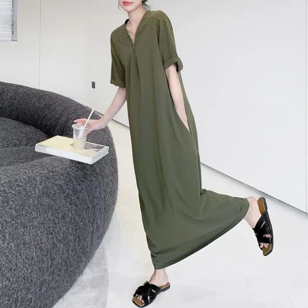 Szykowna sukienka Stylowa damska sukienka maxi z zamkiem błyskawicznym i kieszeniami na wakacje na plaży Casualowa letnia sukienka dla kobiet o szykownym wyglądzie