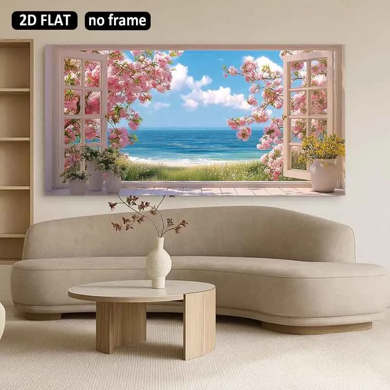 [2D Flat]1pc 23.6X47.2in 60cmX120cm UnFramed Modern Art Decoration Cherry Blossom Beach
