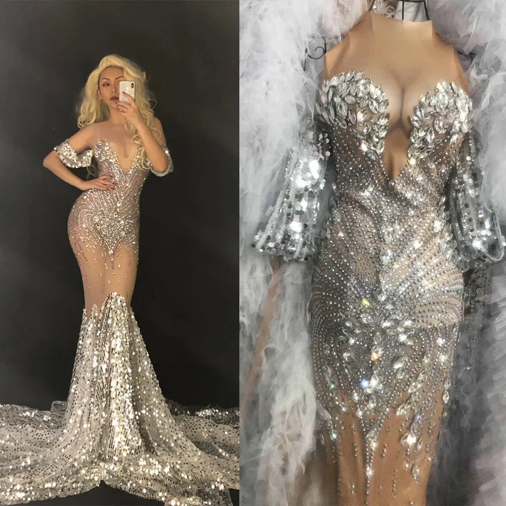 Sparkling Sequins Rhinestones ผู้หญิงกระเป๋าสะโพกงานแต่งงานตาข่าย Mermaid ยาวผลกําไรในรอบ Elegant Stage สวมใส่ Lady ชุด