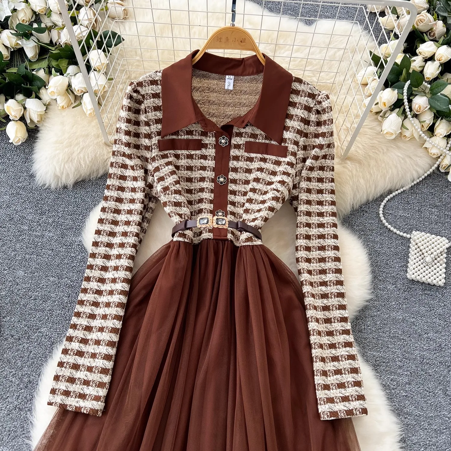 Autumn Winter Elegant Women Lapel Plaid Lace Mesh Patchwork Dress Casual Empire Slim A-line Dress Party Vestidos