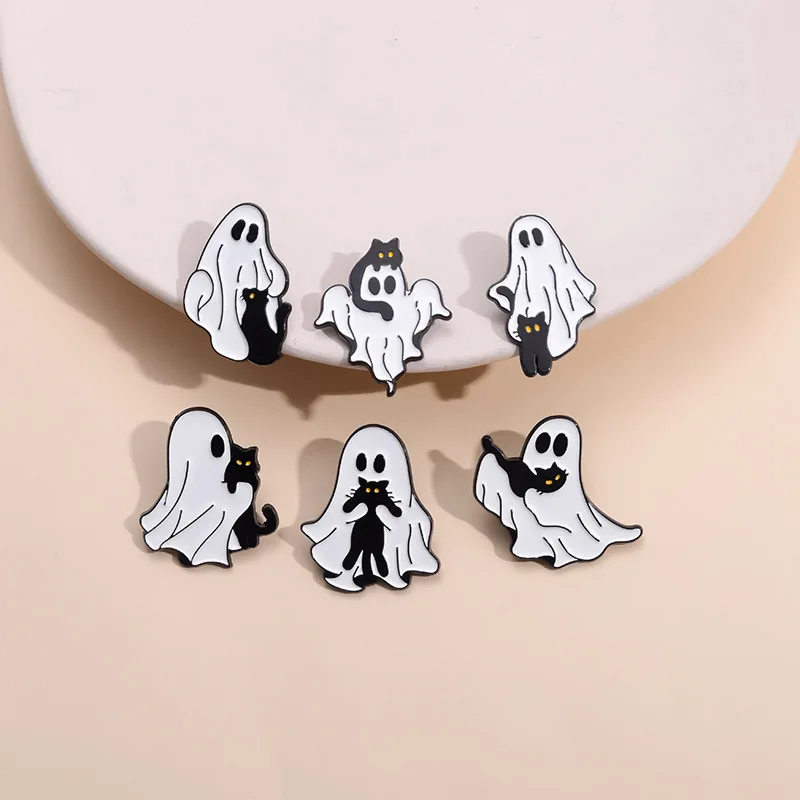 6PCS Halloween Cartoon Ghost with Black Cat Enamel Pins Series Punk Skeletor Badge Brooch for Jewelry Accessory Gifts Wholesale