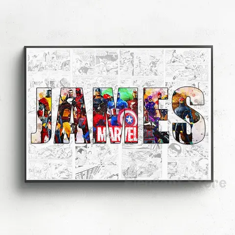 Personalizado meninos nome palavra arte impressão vingadores personagem cartaz super-herói pintura em tela arte da parede presente em quadrinhos decoração de casa