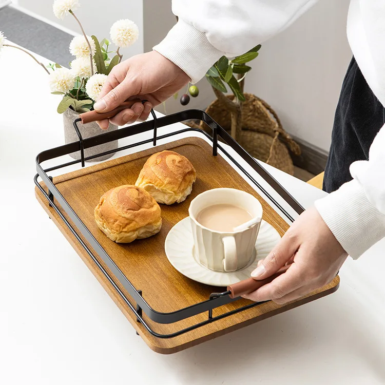 

Metal handle, bamboo tray, household rectangular simple bread and fruit tray, hotel tea tray.