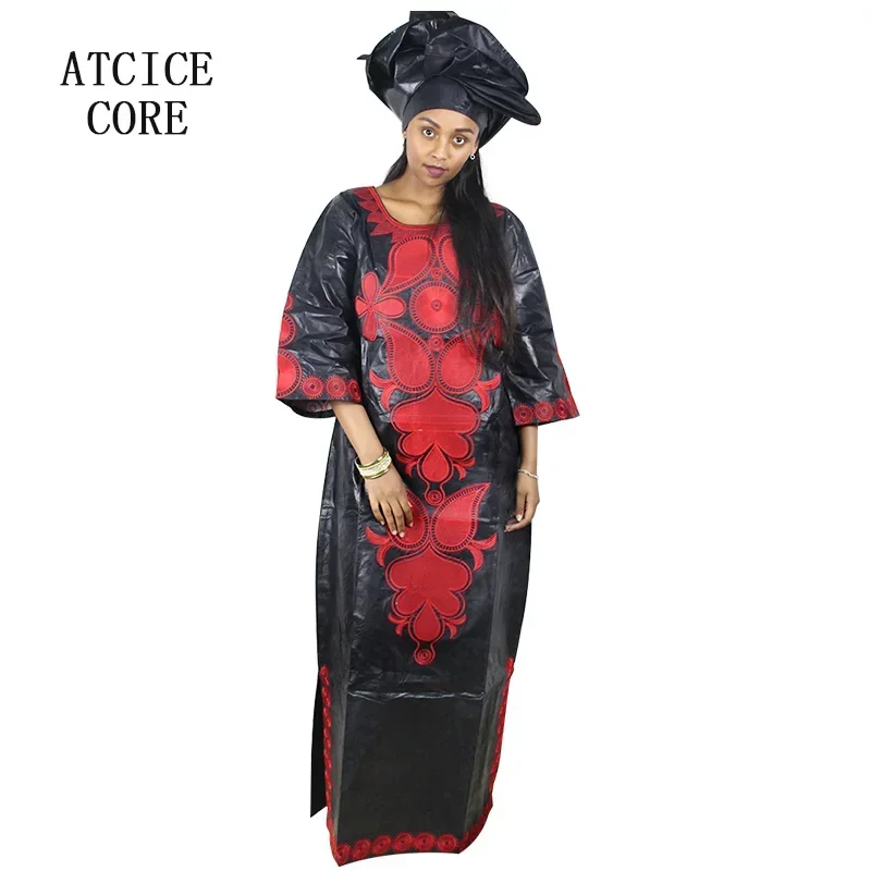 African Dresses For Woman Cotton Bazin Riche Embroidery Design Long Dress Scarf