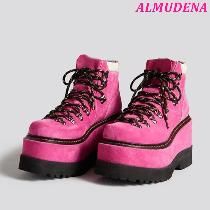 

Pink/Black Suede Hiking Boots Women's Platform Wedges Lace up Ankle Boot Punk/Y2k Luxury Designer Big Size Handmade Shoes