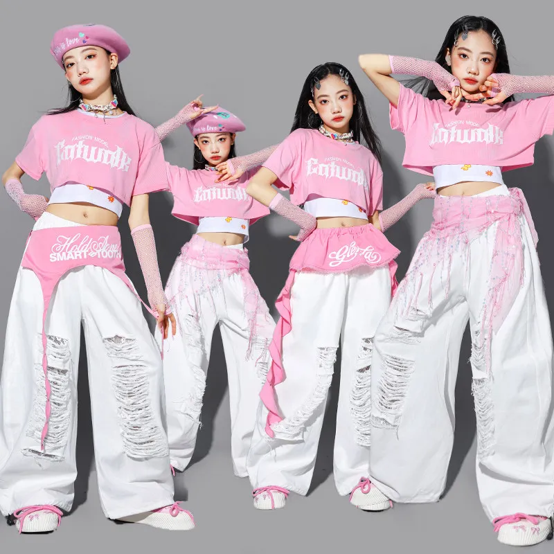 Girls Kpop Crop Pink Top Street Dance Baggy Pants Cool Hip Hop Jazz Short Sleeve Clothes Set Group Streetwear Stage Show Costume