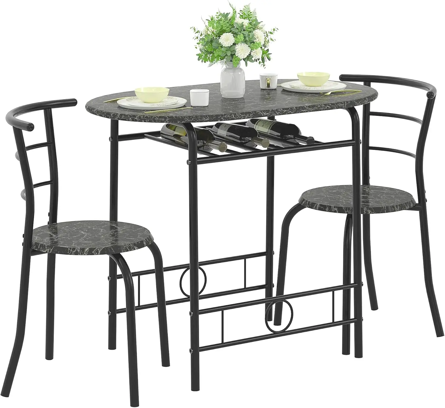

3-Piece Dining Table Set with Built-in Wine Rack, Oval Wood Grain Tabletop & Metal Frame for Small Spaces in Faux Marble Black