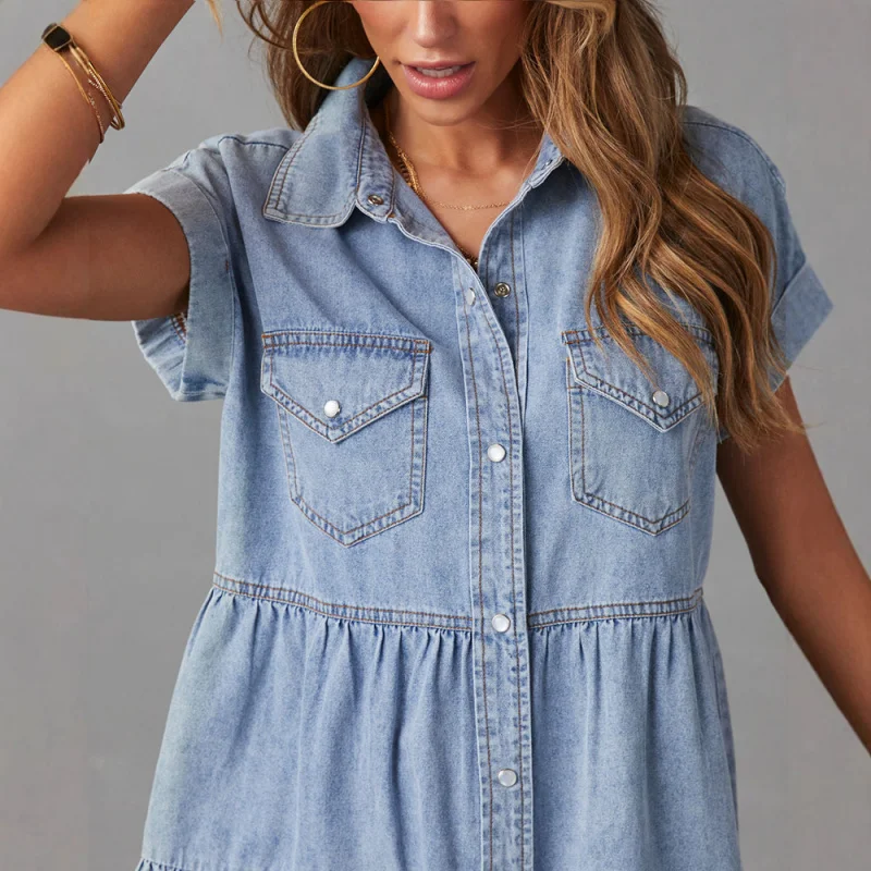 Estilo europeu e americano moda gola urna oose camisa jeans manga ress feminino