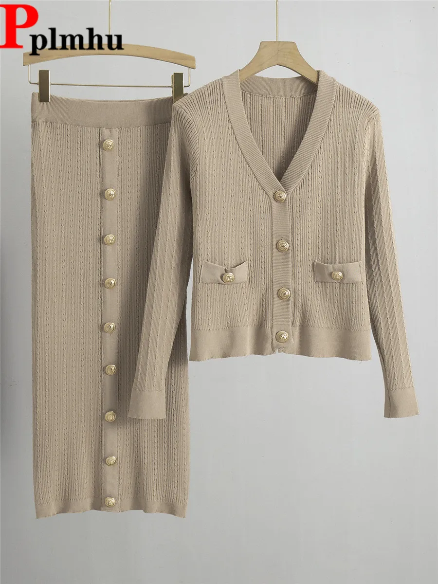 Pull en tricot à boutonnage simple à col en V pour femmes, ensemble 2 pièces élégant, jupe à taille élastique, cardigan mince avec châssis en Y