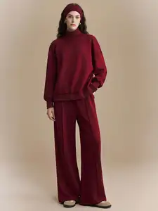 Burgundy 2-Piece Set: High Neck Long Sleeve Top & Wide Leg Pants, Minimalist Urban Casual Style